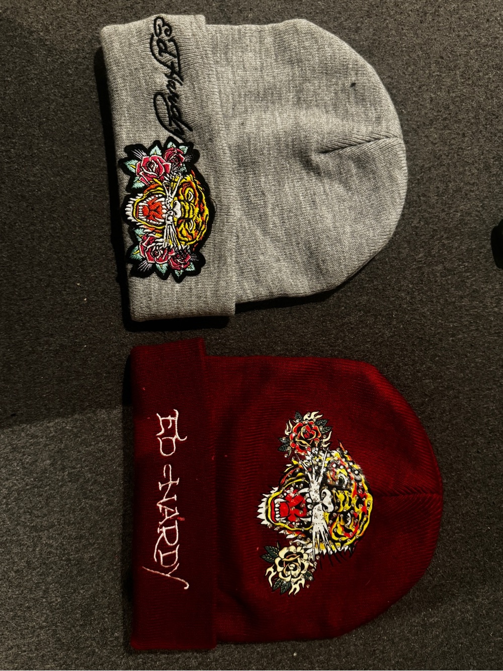 Ed Hardy Men’s Beanie Hats - Gray and Burgundy with Embroidered Tiger